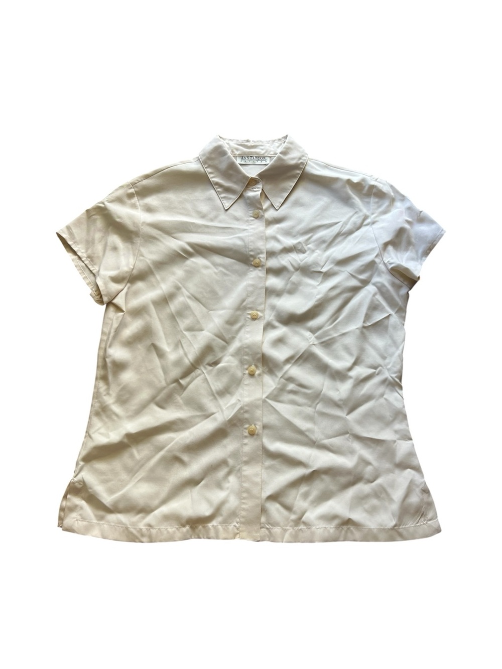 VTG Ann Taylor Loft cream Short Sleeve Button Down Blouse, 100% Silk, Size 4P
